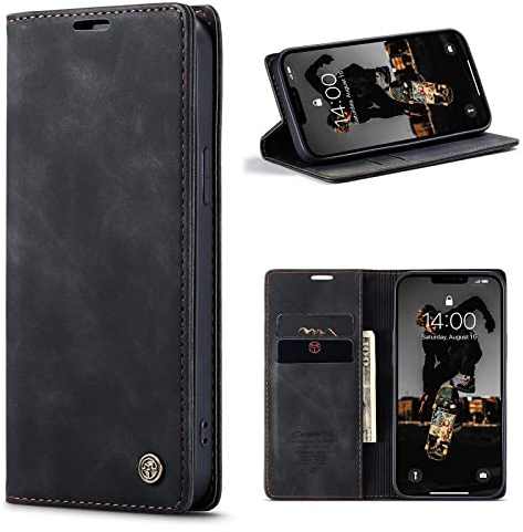CaseMe Hülle für iPhone 14 Vintage Dünne Handyhülle mit Kartenfach Geld Slot Ständer PU Ledertasche Flip Schutzhülle für iPhone 14- Schwarz