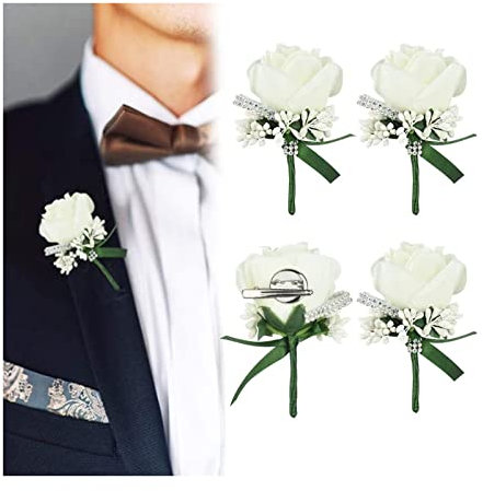 CHAMEEN Anstecknadel Hochzeit, Boutonniere Hochzeit, 4 Stück Künstliche Handgefertigte Satin Weiße Rose Blumen Hochzeit Blumen für Braut Bräutigam Hochzeitsanzug Kleid Dekor Prom Hochzeit