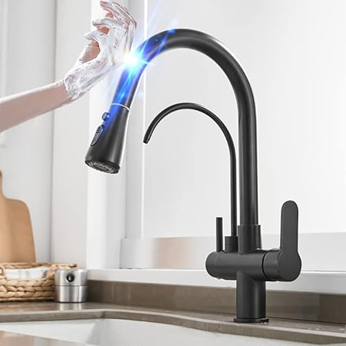 Smart Touch Filter Kitchen Faucet with Pull Down Sprayer, Solid Brass Hot Cold Kitchen Sink Mixer Tap, 3 in 1 Water Filter Purifier Faucets, Sensitive Sensor Touch Kitchen Faucets