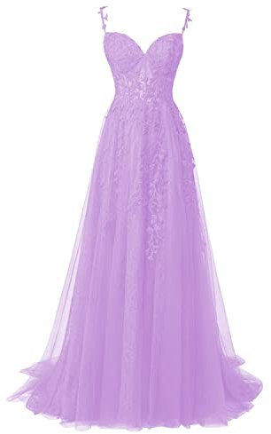 QSICO Robe de soirée élégante en tulle pour femme - Appliques en dentelle - Robe de bal longue fendue - Robe de remise de diplôme formelle, lilas, 46