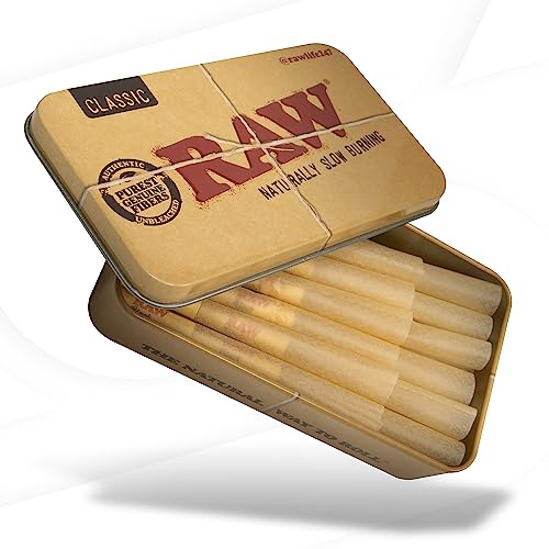 RAW Classic Cones 98 – langsam brennende, vorgerollte Cones – Special Pack in RAW Metalldose mit Stopfröhrchen – 20 Stück