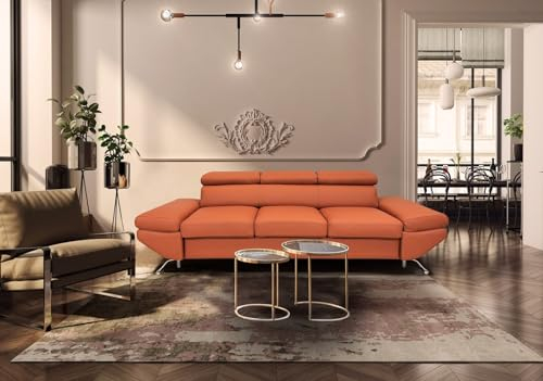 Quattro Meble Cognacbraunes Echtleder 3 Sitzer Sofa Varsovia Breite 235cm mit einstellbaren Kopfstützen Ledersofa braunes Leder mit cremefarbenen Nähten