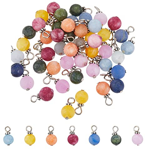 DICOSMETIC 84 Stück Runder Edelstein-Anhänger Weiße Jade/Jade/Blauer Aventurin/Aquamarin/Mattierte Natursteine Anhänger Facettierte Rondell-Perlen Legierung Und Eisen Schmuck Zum Basteln