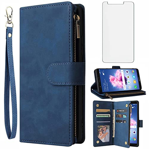 Asuwish Custodia per Huawei P Smart 2017 2018/Honor 9 Lite, con pellicola protettiva e scomparto per carte di credito, pieghevole, in pelle, con chiusura lampo, Hawaii PSmart 9Lite FIG-LX1 LLD-L31,