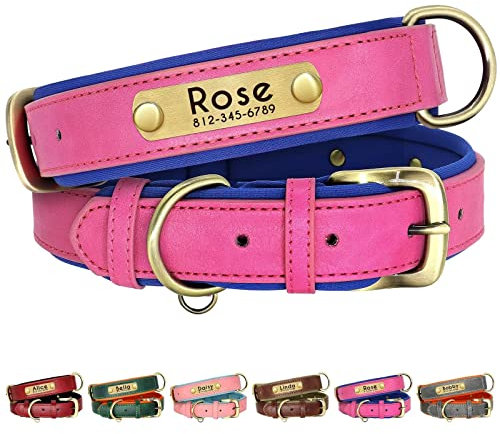 Beirui Genuine Leather Dog Collars Personalised,Soft Padded Leather Dog Collar,Custom Heavy Duty Dog Collar with Metal Hardware, Engrave Name Plate Adjustable Small Medium Large Dog-M,Rose 28-37cm
