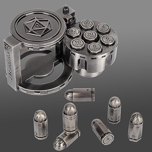 Polyedrische Würfel-Set aus Metall, mit drehbarem Revolver-Zylinderbehälter, Cyberpunk-Würfel für D&D, Sci-Fi, Krieg oder Kriminalität, Tischspiele (Silber)