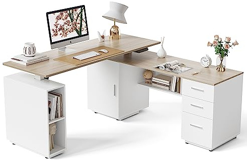 FEZIBO 160cm L-förmiger Führungskraft Stehschreibtisch mit 3-Schubladen-Aktenschrank, Elektrisch Höhenverstellbarer Stehpult für das Home Office, Computertisch, Hell Walnuss Tischplatte