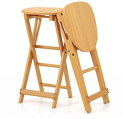 LIFEZEAL Barhocker klappbar, Barstuhl 2er Set aus Bambus, Küchenstuhl Thekenhocker mit Fußstütze, Klappstuhl Bistrohocker für Bars & Küche, 36 x 33 x 61 cm, Naturfarben