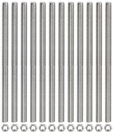 sourcing map Confezione da 12 aste completamente filettate M6 x 200 mm con 12 dadi esagonali, passo filettatura 1 mm, in acciaio inox 304, filettatura destra, perni per barre filettate a destra