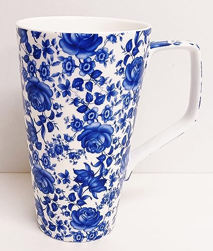 Rainbow Decors Delft Blue Mug Fine Bone China Large 500 ml 17 fl oz Blue Floral Latte Cup Hand Decorated UK