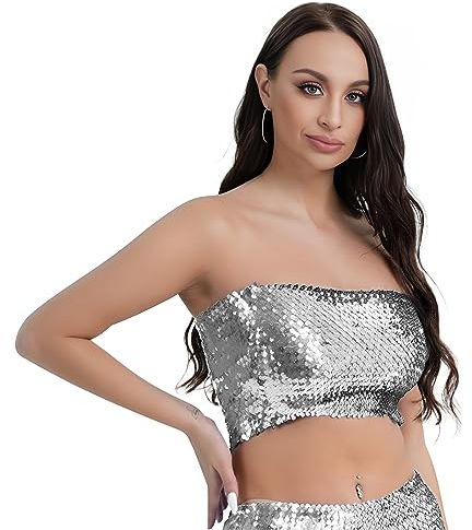 Faxianther Damen Glitzer Crop Top Pailletten Tube Top Sommer Schulterfreies Trägerlos Tops Rave Stretch Oberteil Bandeau BH für Party Tanzen Raves Festival Clubwear Kostüme