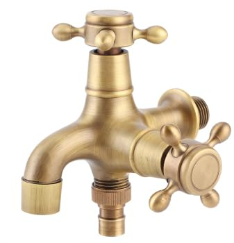 Wasserhahn Doppelt G1/2 Zoll Schnittstelle, Vintage Kaltwasserhahn mit Einem Kreuzgriff, Wasserhahn zur Wandmontage aus Massivem Messing für Garten, Waschmaschine, Regentonne, Rost-, und Frostsicher