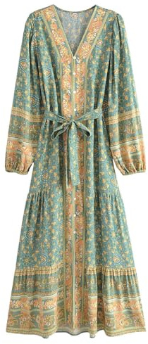 Waterlily Boho Maxi Dress Long Sleeve Casual Summer Dresses for Women Floral Flare Buttons Tie Waist Hippie Bohemian