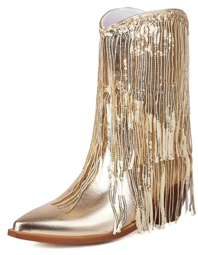 MJIASIAWA Damen Lack Halbschaft Cowboy Fransen Stiefel Ohne Verschluss Pointed Toe Party Warm Blockabsatz Mode Western Stiefeletten Abend Schuhe Gold Gr 40 EU/41 Asiatisch