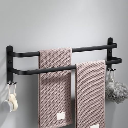 nvdsivee Handtuchhalter Ohne Bohren Schwarz Handtuchstange Wand für Bad Küche Badetuchhalter Aluminium mit 2 Haken Handtuchstange zum Kleben Schwarz 2 Schichten 60cm