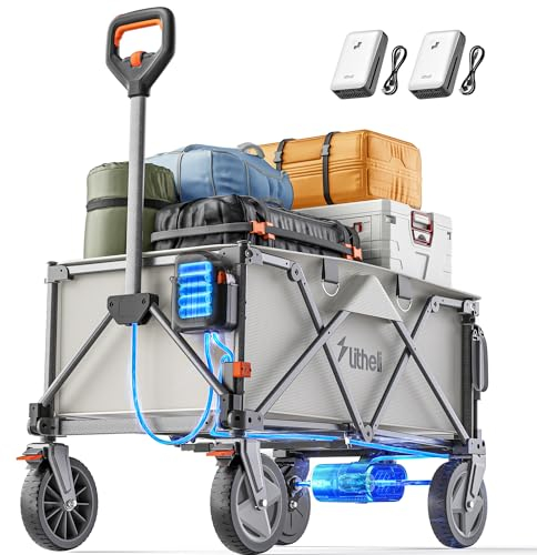 Litheli Elektrokarre Bollerwagen,Bollerwagen Faltbar, mit 20cm Geländereifen, 200L Fassungsvermögen, 60kg Traglast, 2 Bremsen, geeignet für Camping, Garten, Strand, Einkauf Beige (New Batterien)