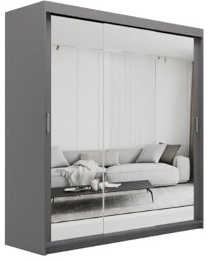 ELUKS SKY Double Sliding Doors Wardrobe with Mirror Drawers Furniture for Bedroom Living Room and Hall Wardrobe Organizer Width 100cm/120cm/150cm/180cm/200cm (Grey, 200cm)