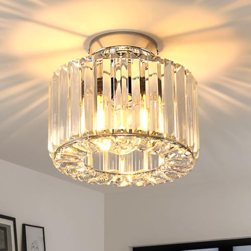 ANWIO Modern Crystal Ceiling Light, Chandeliers Ceiling,Semi Flush Light Fittings Ceilings,Hallway Ceiling Light for Bedroom Kitchen Bathroom,Silver Ceiling Light Shade(E27 Base,LAMP DIAM 21.5CM)