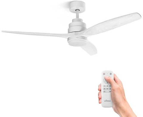 Ufesa Ventilador de Techo con Luz LED, 40W, 6 Velocidades, Ultra Silencioso, 3 Aspas Madera Natural 132cm, Función Verano - Invierno, Temporizador 8h, 3 Niveles Luz, Mando a Distancia, Blanco
