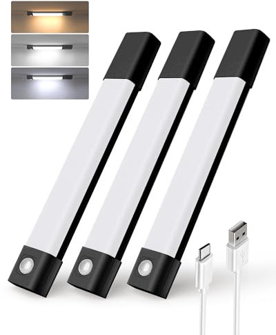 EZVALO Schrankbeleuchtung 20CM, 30 LED Schrankleuchte Led mit Bewegungsmelder, Unterbauleuchte Küche LED mit 3 Farbtemperaturen Dimmbar Aufladbar für Kleiderschrank, Küche, Treppe, Schwarz (3 Stück)