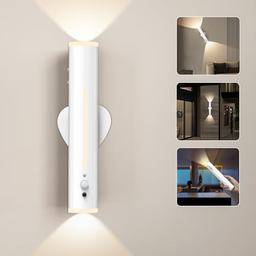 Hapfish Applique LED da Parete Interno Senza Fili, 3000mAh Lampada Muro Sensore di Movimento, Moderna in Metallo, Telecomando e Magnetica, Luce Ricaricabile per Camera da Letto, Interno, Esterno