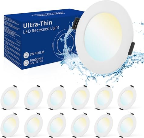 Bojim LED Einbaustrahler 230V Flach, Spot für Badezimmer Wohnzimmer, Warmweiss Neutralweiss Kaltweiss 5W 75mm - 90mm Lochmass, Ultra Flach 25mm, IP44, Deckenspots Einbauleuchten, 12er Set