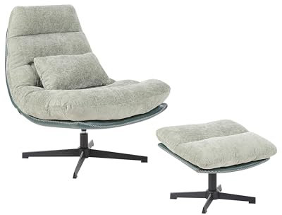Beliani Sessel mit Hocker Chenille Stoff grün gesteppt Drehkreuz schwarz Retro Tovik