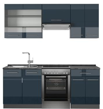 Vicco Küchenzeile Fame-Line, Dunkelblau Hochglanz/Anthrazit, 200 cm, AP Anthrazit
