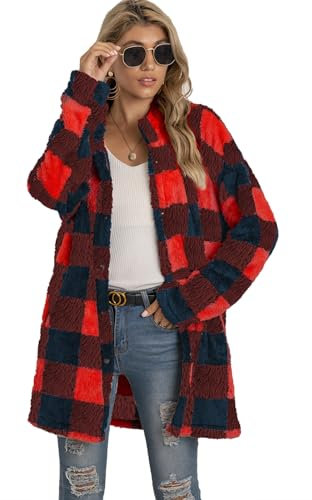 LIAMERHE Femme Manteaux Polaire Moda Veste a Carreaux Femme Pull Cardigan Coupe Normale Mi-Longue Sweat en Polaire Hiver Chaud Décontractée Doux Ample Veste Rouge S