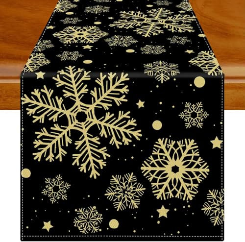 Jayusaror Tischläufer Weihnachten Schwarz und Gold Tischdecke Schneeflocken Weihnachtstischläufer Weihnachts Tischläufer Tischdeko für Urlaub Party 40 x 140 cm