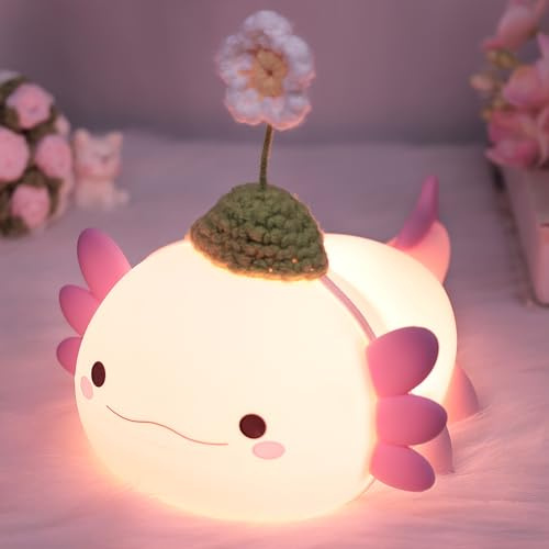 Okayera Niedliches Axolotl Nachtlicht, Wiederaufladbare Dimmbare Nachttischlampe mit Timer aus Kuscheligem Silikon - Geschenk zu Geburtstag Weihnachten Ostern & Kinderzimmer Deko