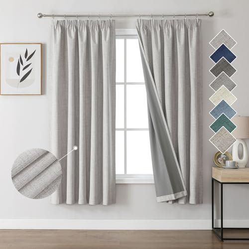 Joydeco 100% Verdunkelungsvorhänge Leinen Gardinen mit Kräuselband 2er Set H175xB140cm Grauweiß, Thermovorhang Kälteschutz Blickdicht Schallschutz Ideal für Wohnzimmer passt zu Schienensystemen