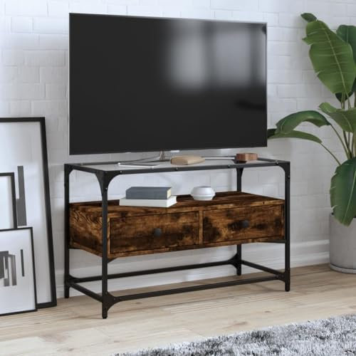 ShGaxin 846061 Meuble TV en verre et bois d'ingénierie chêne fumé 80 x 35 x 51 cm