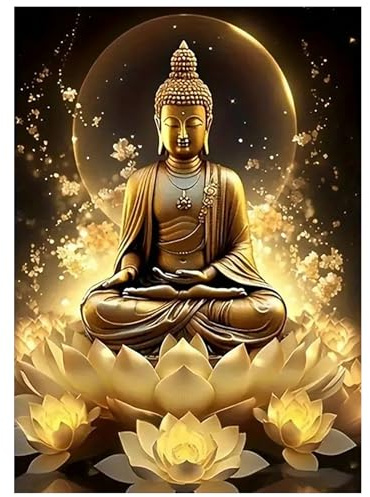 SHEGZHUC Diamantbild Buddha Zen Gold, 30 x 40 cm, mit Lotus, Kreuzstich-Kunst für Wanddekoration, religiöses Geschenk