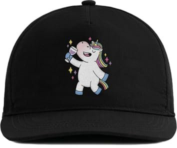 tshirtladen - Tanzendes Einhorn mit Wein - Schwarze Snapback-Cap mit gesticktem Motiv - Coole Kappe für Damen, Mädelsabend & Einhorn-Queens - Geschenk für Partyfans