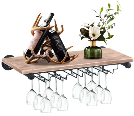 PINYELIN Wall Mounted Wine Rack, Wine Glass Holder Metal Wine Shelf Bottle Glass Rack Stemware Holder, Industrial Wine Glass Rack