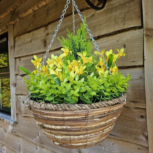Best Artificial Mini Daffodil Display in 10 inch Woven Decorative Hanging Basket - Suitable for Outdoor use (Yellow)