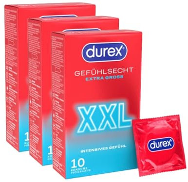 Durex Gefühlsecht XXL Kondome – Dünne Kondome mit großer Passform & mit Silikongleitgel befeuchtet – 30er Pack (3 x 10 Stück)