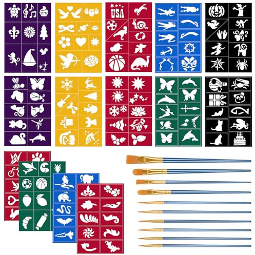 Alaoo Halloween Tattoo Schminke Set,Tattoo Schminken Werkzeuge Set für Kinder Erwachsene mit 14 Tattoo Schablone,10 Pinsel,Wiederverwendbare Schablonen Kit für Party,Fasching,Weihnachten Halloween