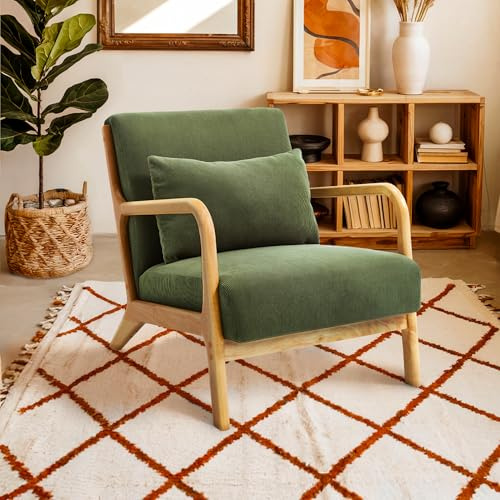 Sicaan Sessel Marie Skandinavisch Kaki – Bequemer Relaxsessel mit Kissen – Elegantes Vintage-Design mit gebogenen Holzarmlehnen für Wohnzimmer, Schlafzimmer oder Büro – 65 x 84 x 74 cm