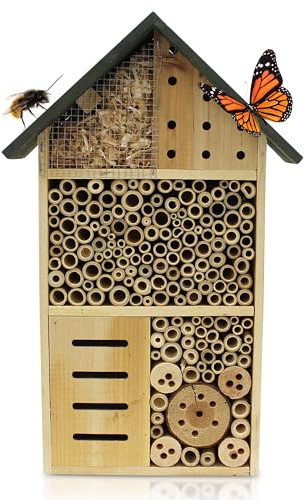 Muntel Insektenhotel - Naturbelassen & Wetterfest, Insektenhaus aus Naturholz für Bienen, Wildbienen, Marienkäfer,Bienenhotel, Nisthilfe zum Aufhängen, Holz, 10 x 30 x 50 cm
