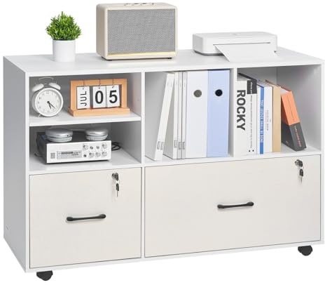 VEVOR Classeur Dossier Mobile en Bois, Meuble de Rangement de Bureau à 2 Tiroirs avec Étagères Ouvertes et Réglables, Verrouillable, Support d'Imprimante Autonome pour Maison Bureau École, Blanc