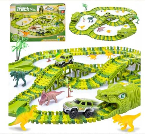 Kinderplay Dino Rennbahn Auto Spielzeug – 360cm Rennstrecke mit 240 Teilen, Dinosaurier Spielset mit Brücken, Tunneln & Auto – Geschenk für Kinder ab 3 Jahren