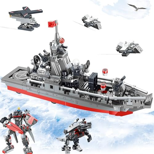 3-in-1 Schlachtschiff Militär Bauspielzeug-Set für Kinder – Kriegsschiff Klemmbausteine WW2 Militär mit Radar, Flugzeug | Umwandelbar in Roboter oder Kampfdinosaurier Arleigh Burke Destroyer
