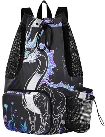 WDdZzyy Ästhetischer Drachen-Sportbeutel mit Kordelzug, groß, Netzstoff, robust, kleine Sportbeutel, Schwimmbeutel mit Fächern für nasse und trockene Gegenstände