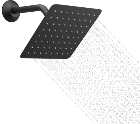 KAITAIHD Black Rainfall Square Shower Head, 8 inch, Fixed Mounted | Ultra-slim design, Self-cleaning nozzle, High flow, Stainless steel