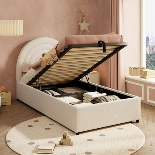 Upholstered Ottoman Bed with Hydraulic Storage, 3ft Single Bed Frame with Wooden Slat, Boucle Fabric Functional Upholstered Bed Frame Hydraulic Storage Bed for Adults Kids Teenagers, No Mattress,Beige