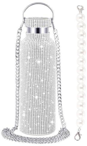 Alide Botella de agua con gas de 750 ml, termo de doble pared con diseño de cristal brillante y cadena para bebidas frías y calientes.