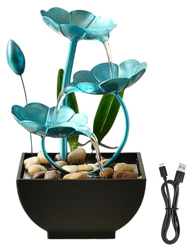 Hperu Fontaine à Eau de Table Lotus 5x5x9 Pouces, alimentée par USB, Mini Cascade Zen de Relaxation intérieure, décor pour Bureau et Salon, Bleu