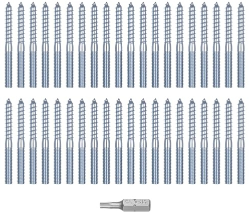 40 pcs M6 x 60mm Hanger Bolts, Torx Dual Thread Fasteners, Double-Ended Dowel Bolts for Wood Connections, Threaded Rod Fixings for Furniture & Wall Mounting with Torx Bit